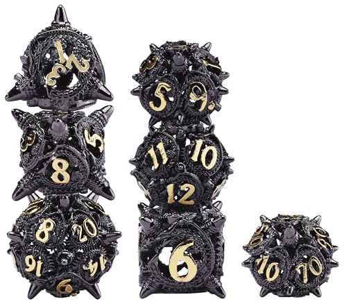 SIQUK 7 Stücke Würfel Polyedrisch DND, Würfel Metall Hohle Spiel Würfel Spielwürfel Dice Set D4/D6/D8/D10/D12/D20/D% für Dungeons and Dragons D&D MTG RPG, Schwarz & Gold