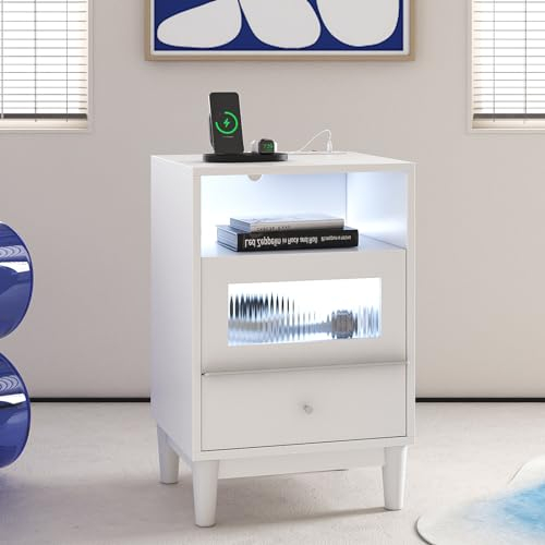 cointwo Modern White Bedside Table with Charging Station, Glass Drawers, and LED Lights - Stylish Wood Nightstand for Bedroom - 40×35×60CM