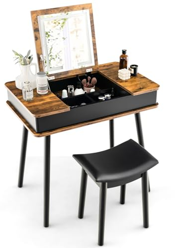 COSTWAY Dressing Table and Stool Set with Flip Top LED Lighted Mirror, USB Charging Station and 7 Hidden Compartments, Wooden Vanity Table Set, Bedroom Furniture Dresser Table Gift (Rustic Brown)