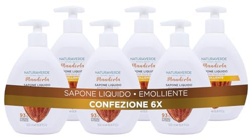 Naturaverde | Natural Beauty - Mandel-Flüssigseife, erweichende Handseife, Inhaltsstoffe natürlichen Ursprungs, 6 x 500 ml