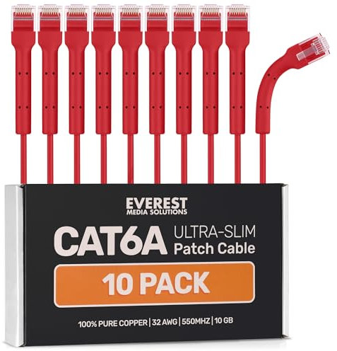 Everest Ultra Slim Cat6a Ethernet Patch Cables 2ft (10-Pack) Red - 10GB Cat 6a Patch Cable - Bendable, Flexible & Thin Ethernet Cable - Space Saving 32AWG 550MHZ Cat6a Cables - 100% Copper Wires
