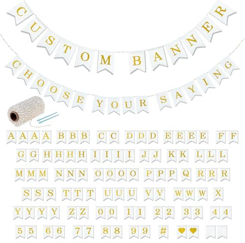 Kit de pancarta personalizable, 97 banderas de lona de algodón, letras impresas de vinilo dorado, números y símbolos, cuerda y aguja, pancarta de cumpleaños personalizable, purpurina dorada