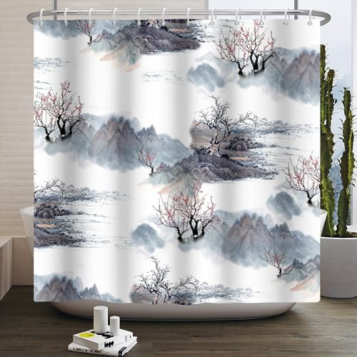 SDOTPMT 165x180cm Cortina de Ducha de Estilo japonés Tradicional asiático Cerezo en Flor Negro Gris montaña Pino Pintura de Tinta Cortina de bañera Poliéster Tela Baño Decoración con Ganchos