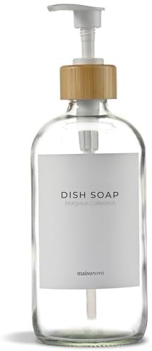 MaisoNovo Distributeur de Savon 1 pièce | Bouteilles Transparentes de 500ml avec Pompe en Bambou Blanc - 1 pièce | Distributeur Liquide Vaisselle