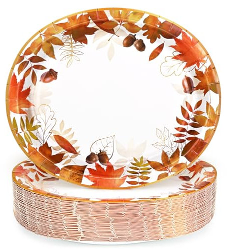 Homlouue 50PCS Fall Autumn Leaves Plates, 12x10 Oval Fall Paper Plates, Thanksgiving Plates, Large Thanksgiving Paper Plates Disposable for Fall Theme Party Decoration Serve 50 Guests