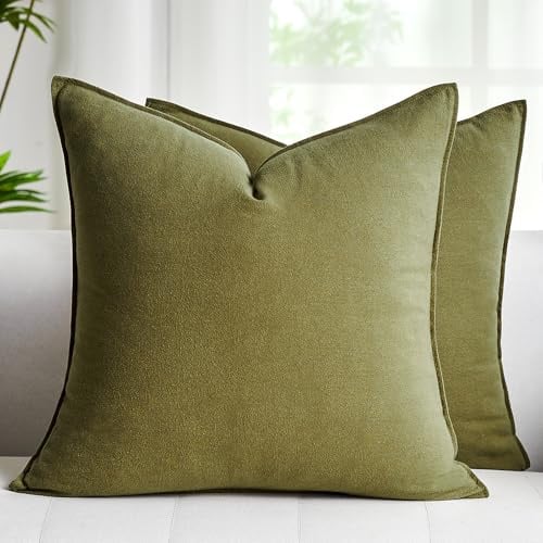 Sofakissen 45x45 Frühling Sommer Kissenbezug Baumwolle Leinen 2er Set Dekokissen Kissenhülle Kissenbezüge Couchkissen Modern Boho Deko Kissen Zierkissenbezüge für Garten Sofa Wohnzimmer Bett Olivgrün