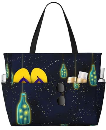 MyPiky Schöne Flasche unter dem Nachthimmel Druck Strandtasche für Frauen, Reise-Tragetasche mit Reißverschluss und Taschen, Sommer große Strand Tragetasche Pool Tasche, Schwarz, One Size, blacks, One