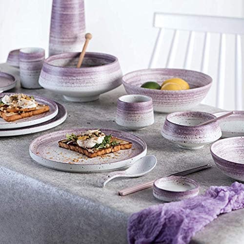 EPOTRDCV Geschirrset, Keramik-Geschirrset, 45-teilig, Teller- und Schüsselsets mit violettem Farbverlauf/Porzellan-Geschirrset mit Sesamglasurpunkten für Restaurants und Familien