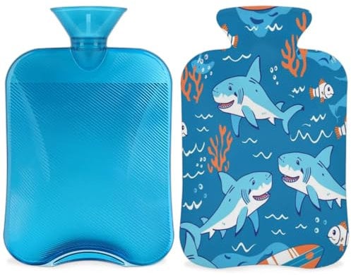 Cute Shark Hot Water Bottle with Cover, Cartoon Shark Hot Water Bottle with Cover, 2L Hot Water Bag for Pain Relief, Neck and Shoulder, Hand Feet Warmer