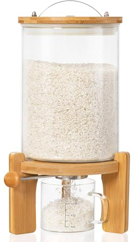 Famyards Reisspender aus Glas mit Holzständer, Mehl- und Müslibehälter mit Glas-Messbecher, Speisekammer, Lebensmittelorganisation, Aufbewahrungsbehälter mit luftdichtem Bambusdeckel, 3 l