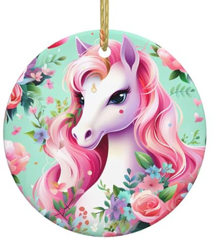 WHJYYXDE Runder Weihnachtsanhänger aus Keramik, Baum, hängend, Festival, hängend, rosa Einhorn-Druck