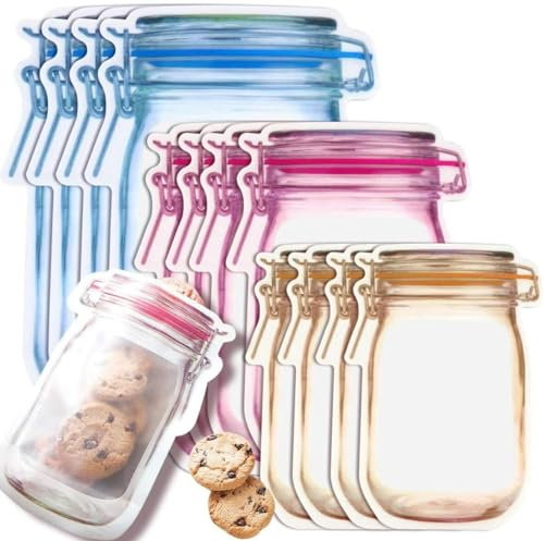 26PCS Mason Jar Bottle Bags Reusable BPA-Free Zipper Spice Storage Leak-Proof Freezer-Safe Assorted Sizes Mason Jar Bags for Snacks Fruits Liquids Meal Prep Portable Eco-Friendly