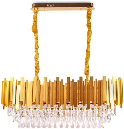 FRIXCHUR Moderne Kronleuchter Kristall 3-stöckig Kronleuchter Gold Deckenleuchte Kristall Ovale Pendelleuchte Messing-Kronleuchter für Esszimmer Küche Insel Wohnzimmer