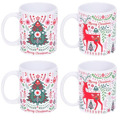 Set Of 4 Scandi Christmas Mugs White And Red Party Xmas Mug Set Home Reindeer And Xmas Tree Festive Gift