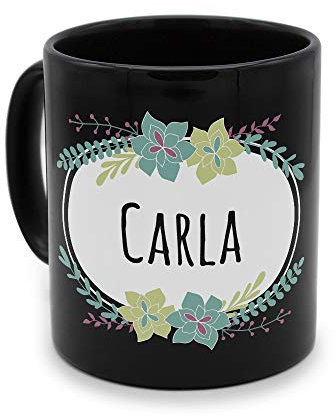 printplanet - Tasse Schwarz mit Namen Carla - Motiv: Flowers - Namenstasse, Kaffeebecher, Mug, Becher, Kaffeetasse