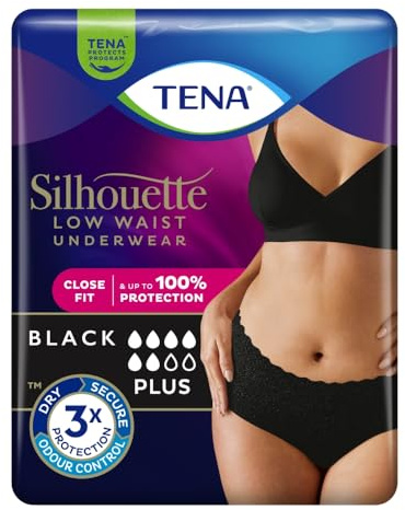 TENA Silhouette Plus Pants Low Waist Unterwäsche, Schwarz, Größe M, 100 % Schutz, enge Passform, Inkontinenzunterwäsche für Damen, 1 Packung mit 12 Stück