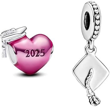 PHCLASY 2025 Abschluss Pink Herz und Graduation Cap Charms-Anhänger Kompatibilität für Armband Schulabschluss Charm Women's