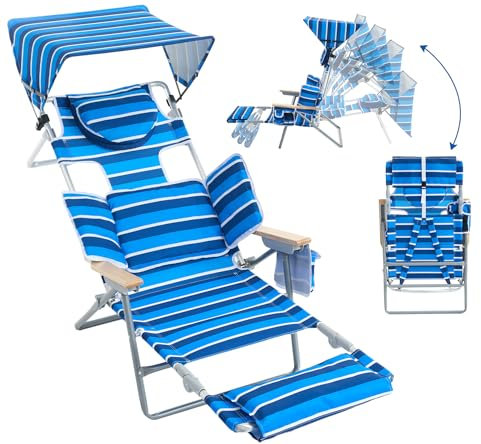 Outdoor-Sonnenschutz, Rucksack, Strandstuhl mit Gesichtsloch, Liegestuhl mit Fußstütze, 5 Positionen, faltbarer Campingstuhl mit Handtuchstange, Tasse und Telefonhalter für Sandpool, Rasen (Blau/Weiß)