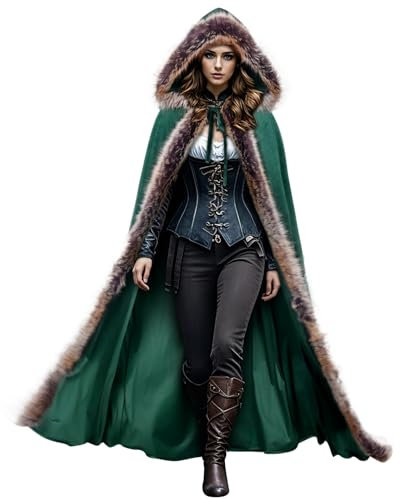 keland Wikinger Fell Umhang Samt Kapuzenumhang Mittelalter für Halloween (Grün)