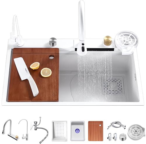 Fregadero inteligente multifunción 80x50 Negro，Fregadero de cocina de 1 cubeta，Con juego completo de accesorios para fregaderos de cocina, comedor (blanco, 75X45CM)