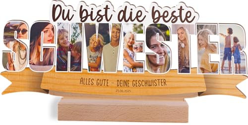 Schwester Geschenk personalisiert - Foto Holzbild opt. mit Sockel - Schwesterherz, Große Schwester Geschenke, Schwesterherz