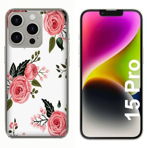 Generico Cover compatibile con Cover Apple iPhone 15 Pro Fiori Rosa con Foglie/Gel di silicone morbido TPU