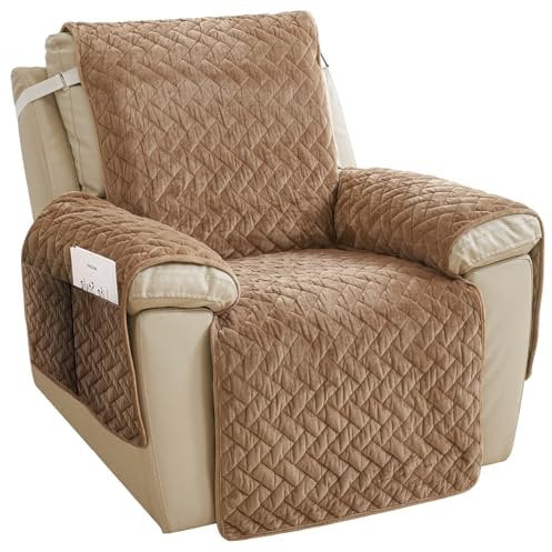 ocellie Sesselschoner für Relaxsessel, 1 Sitzer Plüsch Sesselschoner mit Taschen, Schutz vor Schmutz und Kratzern, rutschfest Fernsehsessel Bezug (Kaffeefarbe, 1 Sitzer)