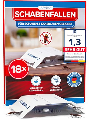 Patronus Schabenfalle [18x] mit effektiven & giftfreien Ködertabletten | Starke Monitoring-Klebefalle, Kakerlakenfalle zur Befallsermittlung von Küchen-Schaben & Kakerlaken in allen Wohnräumen