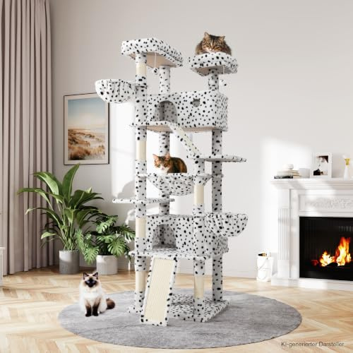 MUTICOR kratzbaum groß,206 cm hoch, Mehreren Ebenen Großes Kletterbaumhaus für große Katzen/Kratzbaum für Wohnungskatzen/Plüsch-Sitzplattformen/Korbhängematte/breite Basis/Weiß und schwarzer Fleck