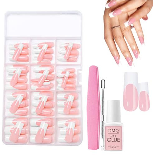 Long Square Press on Nails, 240Pcs Pink Fake Nail Kit,Reusable False Nail Tips Extensions, Natural Look False Nails Full Cover Stick on Nails for Women Girls (Light Pink Long Square)