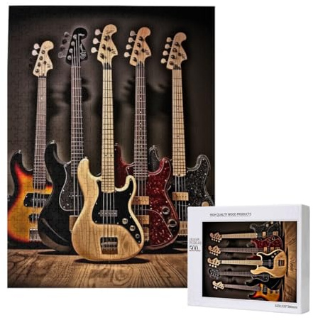 Gitarre Bass Musik Musikinstrumente gedruckt Puzzle mit Aufbewahrungsbox Holzpuzzle für Erwachsene und Kinder, 500 Teile Familienspaß, dekoratives Spiel