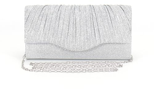 XFSRG Clutch Damen Glitzer Envelope Elegant Kettentasche Handtasche Abendtasche mit Abnehmbarer Kette für Hochzeit Party Cocktail(Silber)