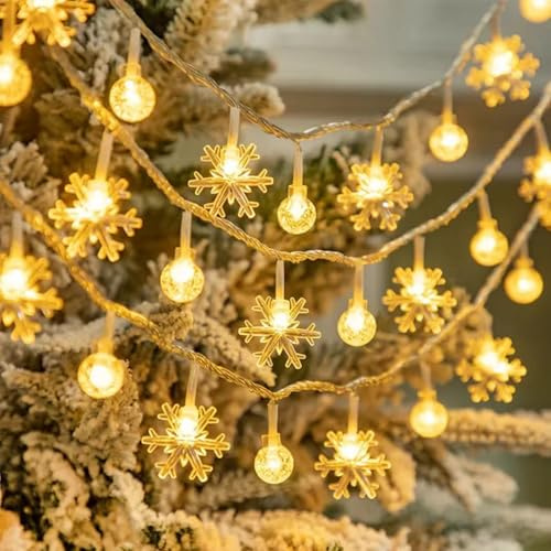 Kaleora Weihnachten Lichterketten, 3M 20 LED Lichterkette mit Schneeflocken und Kristall Kugeln, Batteriebetriebene, Warmweiß LED Dekolicherkette für Weihnachtsdeko, Schlafzimmer, Hochzeit, Party