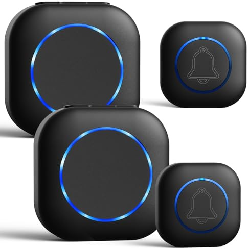 Sonnette sans Fil Exterieur Etanche, Sonnerie sans-Fil avec 2 Émetteur Étanche et Un 2 Récepteur, 300m Longue Portée Sonette, Indicateur LED,38 Mélodies 4-Niveaux pour Maison, Hôtel, Bureaux