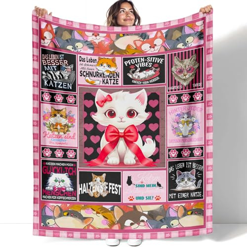 YISUMEI Katze Kuscheldecke 125x150cm, Süße Zitat Collage Cat Decke, Kinder Weich Flauschig Fleecedecke, Geschenke für Mädchen, Rosa