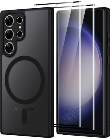 Oelrstfe para Samsung Galaxy S23 Ultra 5G Funda Compatible con MagSafe con 2 Piezas Protector Pantalla Cristal Templado, [Protección de Cámara] Magnética Translúcida Trasera Antigolpes, Negro