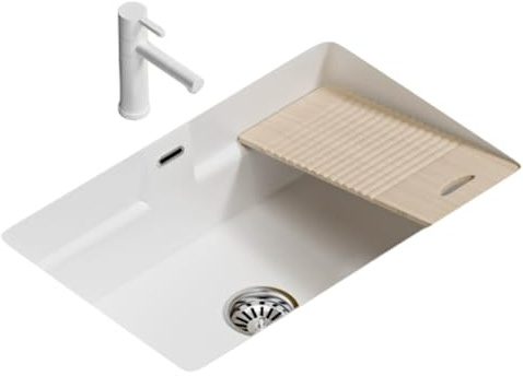 Lavabo Bagno in Ceramica, Lavanderia con Asse per Lavare Rettangolare, Lavatoio da Incasso per Lavanderia con Rubinetto e Troppo Pieno per Balcone(45x60x24cm/17.7x23.6x9.5in)