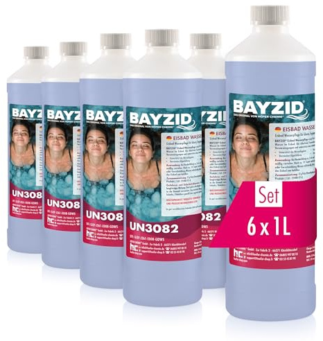 BAYZID 6 x 1 L Eisbad Wasserpflege ohne Chlor - Hygiene & Klarwasser für Eisbäder, Kaltwasserbecken & Eistonnen - Chlorfrei & Duftstofffrei - Effektive Anti-Bakterien-Formel - Einfache Dosierung