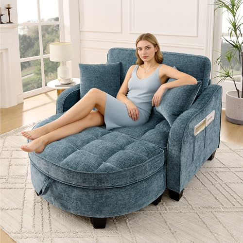 UATARU Sofa with Sleep Function, 2-in-1 Modular Sofa Bed with Storage Stool & Cushions for Living Room Bedroom (Blue)
