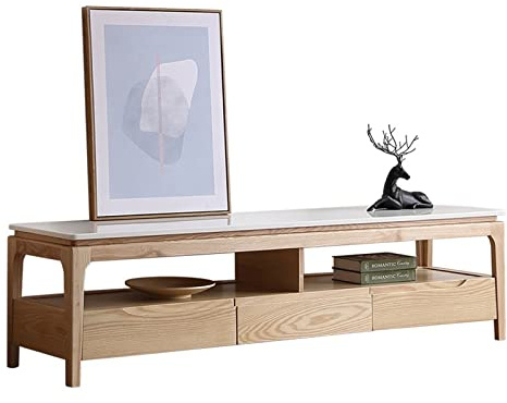 TEESONG Meuble TV moderne avec placage en marbre - Meuble multimédia minimaliste avec 3 tiroirs et étagères ouvertes