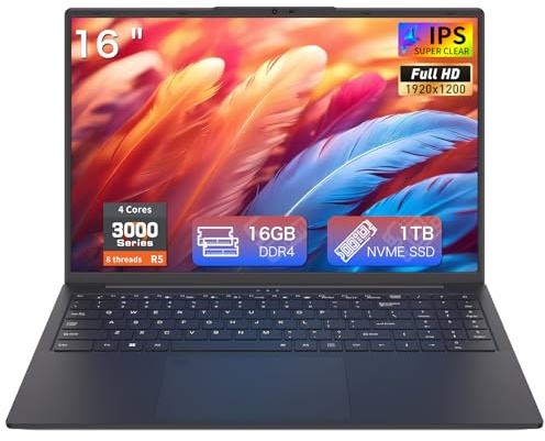 Auusda 16 Inch Laptop, R5 3000 Quad-Core Processor Up to 3.7GHz, 1200P IPS | USB-C Full Function Fingerprint Login Backlit Keyboard WiFi 6 Lightweight Black Laptop, 16GB RAM 1TB NVMe SSD