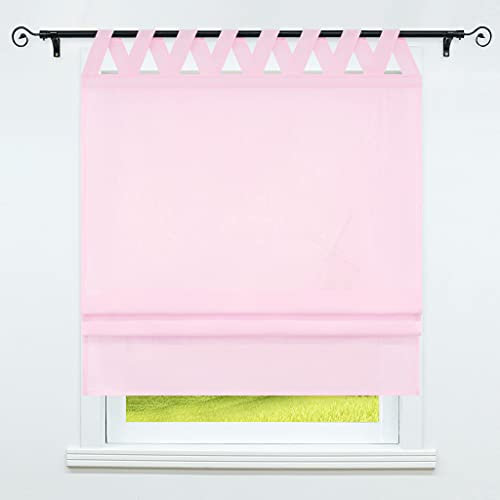 CORLIF Voile Raffrollo mit V-Schlaufen Küche Raffgardinen Landhaus Schlaufenrollo Vorhänge Transparent Rosa BxH 100X140cm 1er Pack
