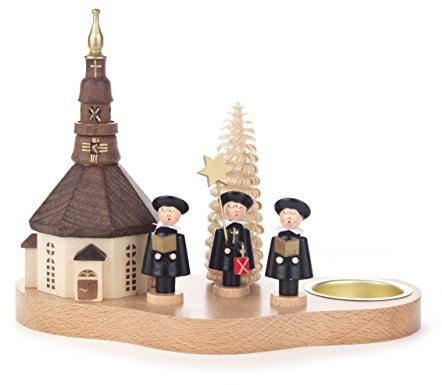 Teelicht-Halter natur mit Kirche und Kurrende von DREGENO SEIFFEN 18 cm – Original erzgebirgische Handarbeit, stimmungsvolle Weihnachts-Dekoration