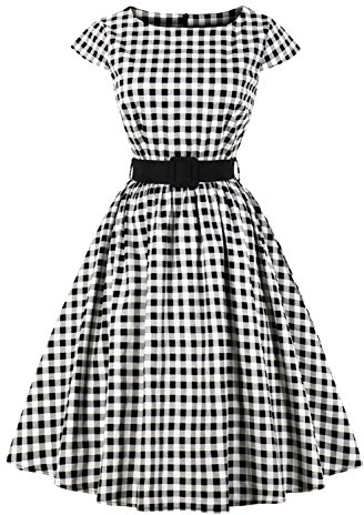 AXOE Femme Robe Vintage Années 50 Tissu Coton Respirant Coupe A-Line Ceinture Amovible Col Bateau Blanche à Carreaux Noir, Taille 42, L