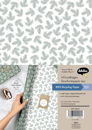 Geschenkpapier Set Weihnachten: grün-weiße Tannenzweige: 4x doppelseitige Einzelbögen + 4x Geschenkanhänger