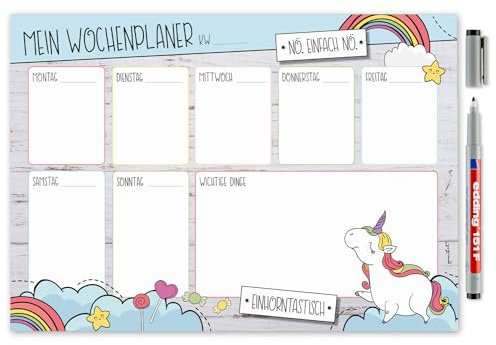 Mein Wochenplaner mit Einhorn Motiv I DIN A4 I Whiteboard Wochen-Kalender Notiz-Liste Organizer I abwischbar I mit selbstklebender Rückseite I dv402