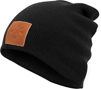 Manufaktur13 Slouch Beanie - Long Beanie Mütze, Strickmütze mit Echt-Leder/Stick Veredelung, Viele Farben zur Auswahl (M13) (Rough Black)