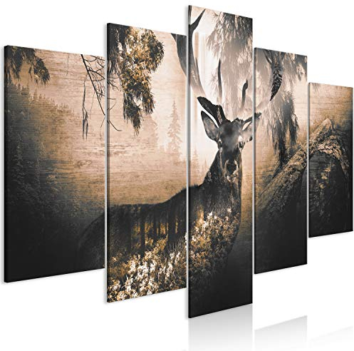 murando - Wandbilder XXL Tiere Bretter 100x50cm 5 tlg - Wand Deko Leinwand Bilder Groß Wanddeko Wohnzimmer Schlafzimmer Kunstdrucke - Hirsch Wald g-A-0225-b-o