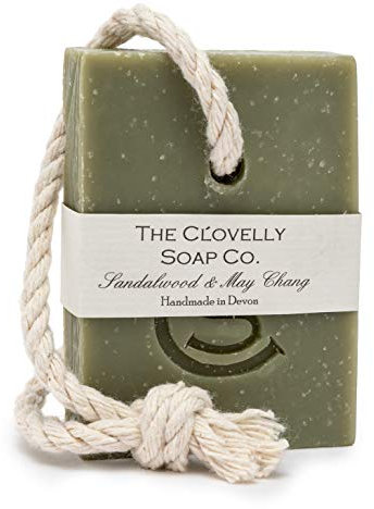 Clovelly Soap Co Natural Handmade Soap on a rope bar (Sandalwood & May Chang with Green Clay 100g) For all skin types.