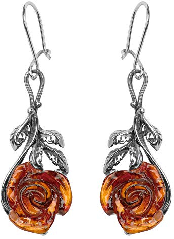 ANDANTE Premium Collection - Echter OSTSEE Bernstein Ohrringe in 925 Sterling Silber ** La vie en rose ** per Hand aus einem Stück Bernstein geschnitzt - Zertifiziert - Gold des MEERES - Farbe COGNAC